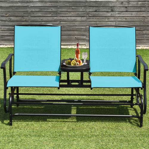 Gymax Patio 2-Person Glider Rocking Char Loveseat Garden w/ Tempered Glass Table Turquoise