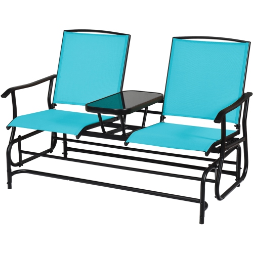 Gymax Patio 2-Person Glider Rocking Char Loveseat Garden w/ Tempered Glass Table Turquoise