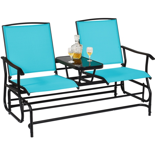 Gymax Patio 2-Person Glider Rocking Char Loveseat Garden w/ Tempered Glass Table Turquoise