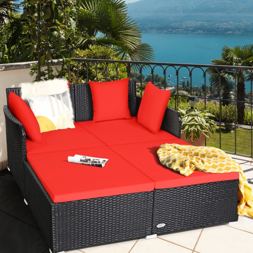 Image 1 of 10.. Gymax Rattan Patio Daybed Loveseat Sofa Yard Outdoor w/ Red Cushions Pillows