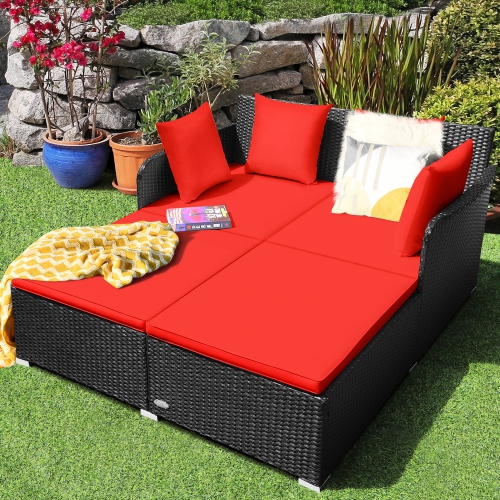 Gymax Rattan Patio Daybed Loveseat Sofa Yard Outdoor w/ Red Cushions Pillows