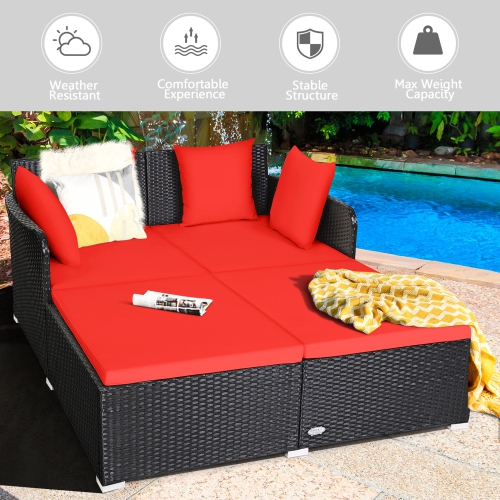 Gymax Rattan Patio Daybed Loveseat Sofa Yard Outdoor w/ Red Cushions Pillows