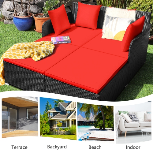 Gymax Rattan Patio Daybed Loveseat Sofa Yard Outdoor w/ Red Cushions Pillows