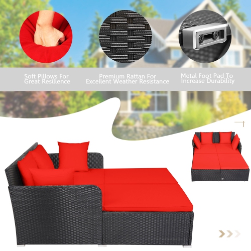 Gymax Rattan Patio Daybed Loveseat Sofa Yard Outdoor w/ Red Cushions Pillows