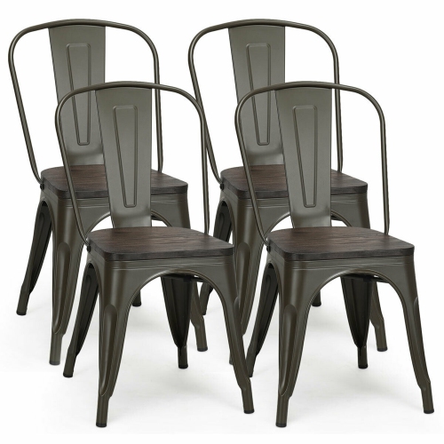 GYMAX  Set Of 4 Tolix Style Metal Dining Side Chair Wood Seat Stackable Bistro Cafe Gun