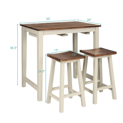 Gymax 3-Piece Bar Table Set Counter Pub Table& 2 Saddle Bar Stools w/ Hanging Design