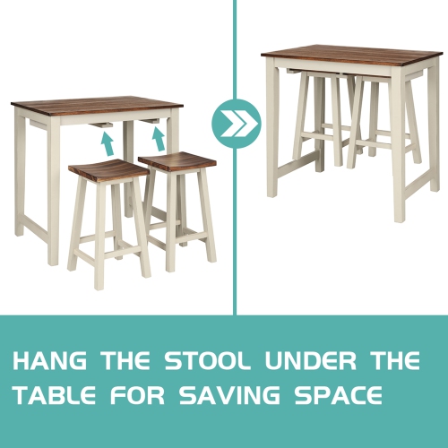 Gymax 3-Piece Bar Table Set Counter Pub Table& 2 Saddle Bar Stools w/ Hanging Design