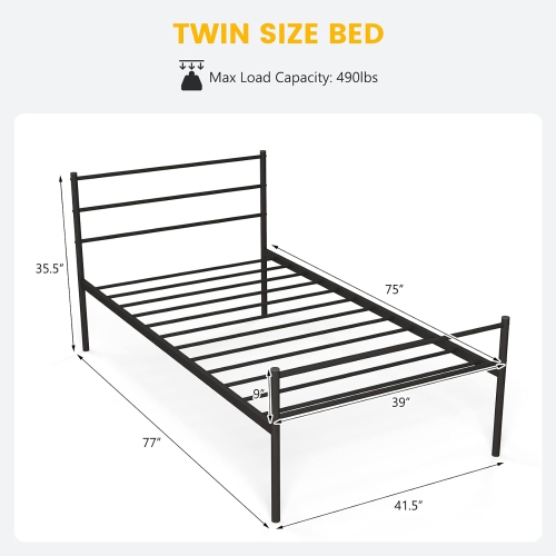 Gymax Twin Size Metal Bed Frame Platform Mattress Foundation W/ Headboard Black