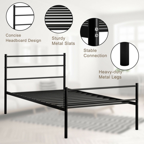 Gymax Twin Size Metal Bed Frame Platform Mattress Foundation W/ Headboard Black
