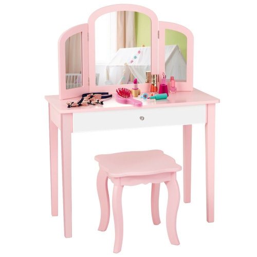 Gymax Vanity Princess Make Up Dressing Table W/ Tri-folding Mirror & Chair Pink