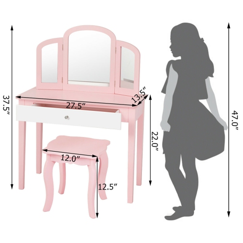 Gymax Vanity Princess Make Up Dressing Table W/ Tri-folding Mirror & Chair Pink