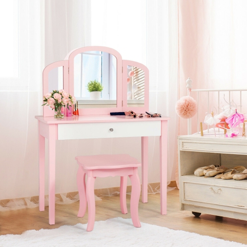 Gymax Vanity Princess Make Up Dressing Table W/ Tri-folding Mirror & Chair Pink