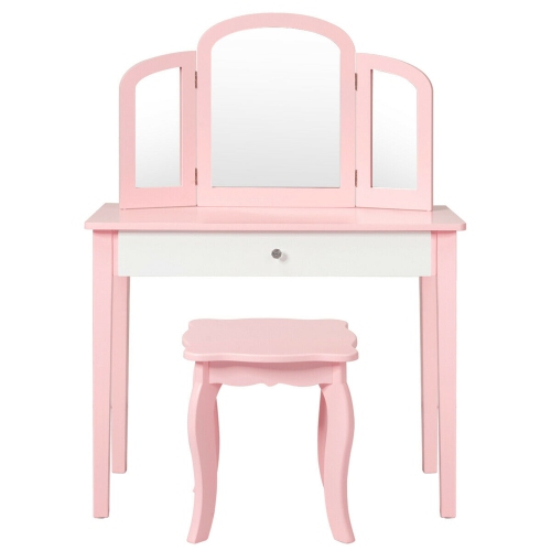 Gymax Vanity Princess Make Up Dressing Table W/ Tri-folding Mirror & Chair Pink