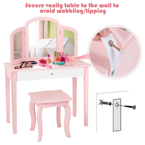 Gymax Vanity Princess Make Up Dressing Table W/ Tri-folding Mirror & Chair Pink