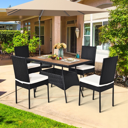 Gymax 5PCS Rattan Patio Dining Set Outdoor w/ Cushion Wooden Tabletop 4 Chairs