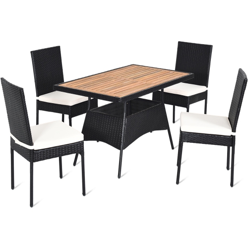 Gymax 5PCS Rattan Patio Dining Set Outdoor w/ Cushion Wooden Tabletop 4 Chairs