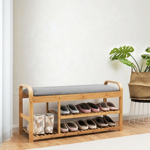 Gymax Shoe Rack Entryway 3-Tier Bamboo Shoe Bench Organizer W/Cushion Modern Stool