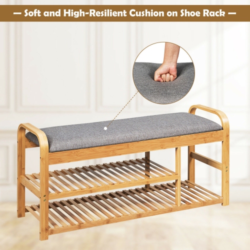 Gymax Shoe Rack Entryway 3-Tier Bamboo Shoe Bench Organizer W/Cushion Modern Stool