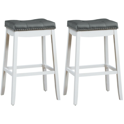 GYMAX  Set Of 2 Nailhead Saddle Bar Stools 29" Pub Chairs With Rubber Wood Legs In White