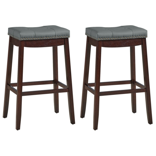 Image 1 of 9.. Gymax Set of 2 Nailhead Saddle Bar Stools 29'' Pub Chairs with Rubber Wood Legs Brown