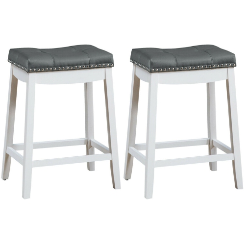 Gymax Set of 2 Nailhead Saddle Bar Stools 24'' Counter Stools White with Grey Cushion