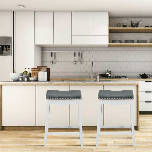 Gymax Set of 2 Nailhead Saddle Bar Stools 24'' Counter Stools White with Grey Cushion