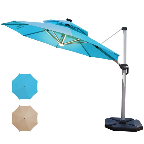 Gymax 10Ft Outdoor Solar Lighted Cantilever Umbrella w/ USB Cable Turquoise/Beige