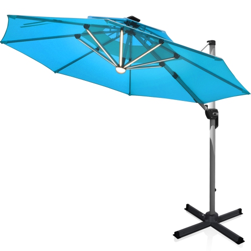 Gymax 10Ft Outdoor Solar Lighted Cantilever Umbrella w/ USB Cable Turquoise/Beige