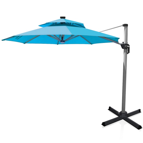 Gymax 10Ft Outdoor Solar Lighted Cantilever Umbrella w/ USB Cable Turquoise/Beige