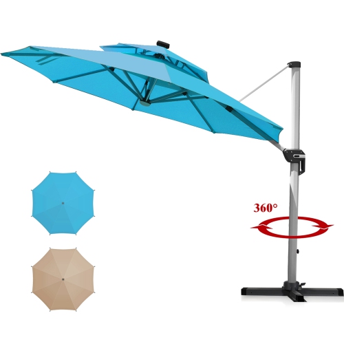 Gymax 10Ft Outdoor Solar Lighted Cantilever Umbrella w/ USB Cable Turquoise/Beige
