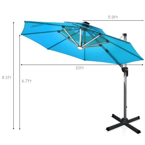 Gymax 10Ft Outdoor Solar Lighted Cantilever Umbrella w/ USB Cable Turquoise/Beige
