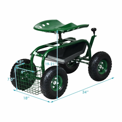 Gymax Rolling Garden Cart Scooter w/ Adjustable Seat Storage Basket Tray Green