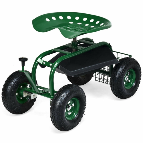 Gymax Rolling Garden Cart Scooter w/ Adjustable Seat Storage Basket Tray Green