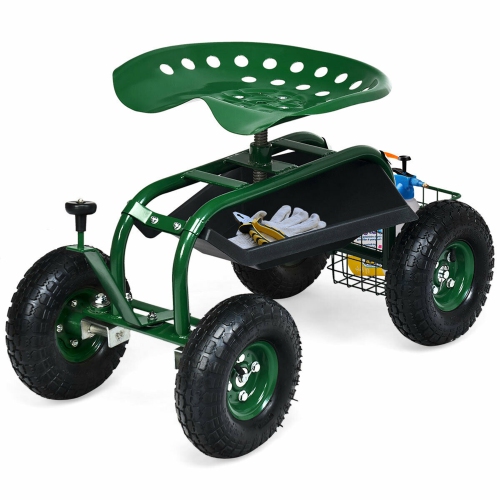 Gymax Rolling Garden Cart Scooter w/ Adjustable Seat Storage Basket Tray Green
