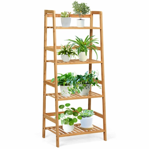 GYMAX  4-Tier Bamboo Ladder Shelf Multipurpose Plant Display Stand Storage Bookshelf