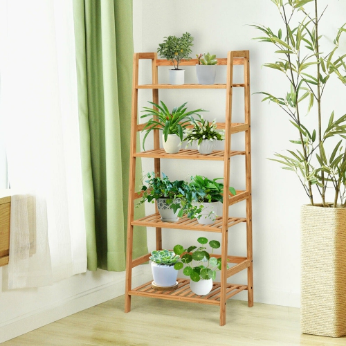 Gymax 4-Tier Bamboo Ladder Shelf Multipurpose Plant Display Stand Storage Bookshelf