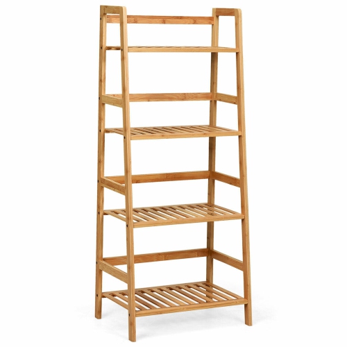 Gymax 4-Tier Bamboo Ladder Shelf Multipurpose Plant Display Stand Storage Bookshelf
