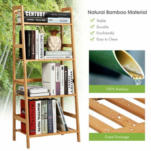 Gymax 4-Tier Bamboo Ladder Shelf Multipurpose Plant Display Stand Storage Bookshelf