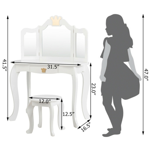 Gymax Makeup Dressing Table Chair Set Princess Vanity & Tri-folding Mirror White