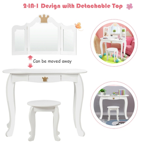 Gymax Makeup Dressing Table Chair Set Princess Vanity & Tri-folding Mirror White