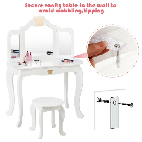Gymax Makeup Dressing Table Chair Set Princess Vanity & Tri-folding Mirror White