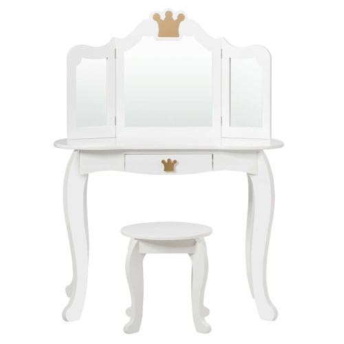 Gymax Makeup Dressing Table Chair Set Princess Vanity & Tri-folding Mirror White