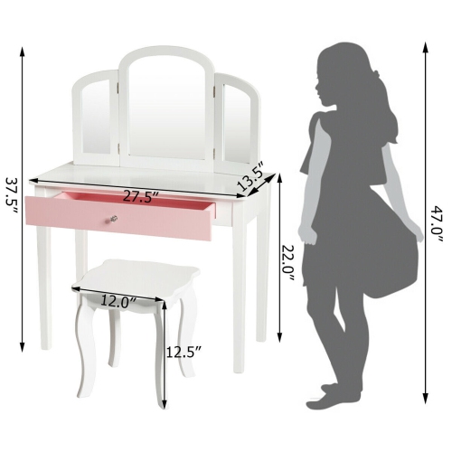 Gymax Vanity Princess Make Up Dressing Table W/ Tri-folding Mirror & Chair White