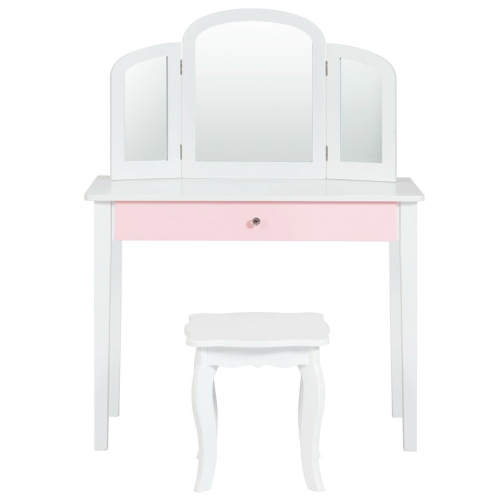 Gymax Vanity Princess Make Up Dressing Table W/ Tri-folding Mirror & Chair White