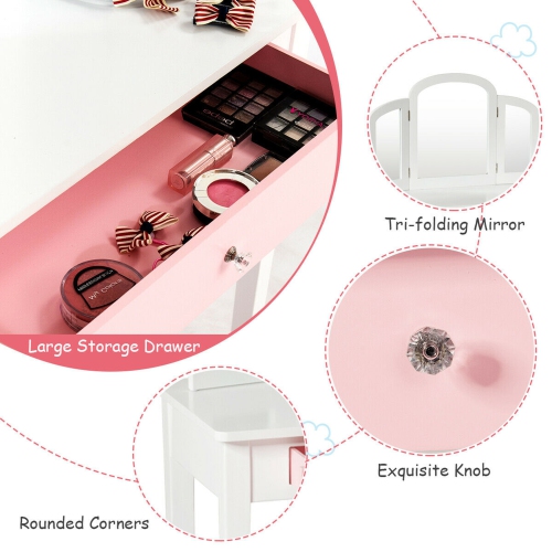 Gymax Vanity Princess Make Up Dressing Table W/ Tri-folding Mirror & Chair White