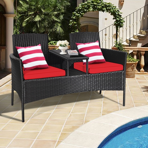 Image 1 de 10.. Gymax Rattan Wicker Patio Conversation Set w/ Table Red Cushion
