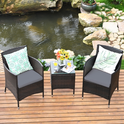 Gymax 3PCS Patio Outdoor Rattan Furniture Set w/ Cushioned Chairs Coffee Table