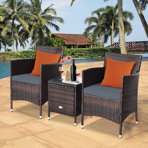 Gymax 3PCS Patio Outdoor Rattan Furniture Set w/ Cushioned Chairs Coffee Table