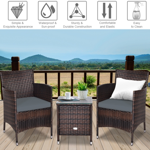 Gymax 3PCS Patio Outdoor Rattan Furniture Set w/ Cushioned Chairs Coffee Table