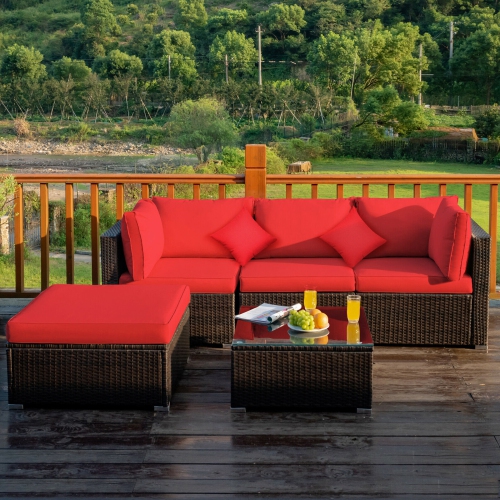 GYMAX  5PCs Rattan Sectional Sofa Set Patio Furniture Set W/ Cushion Pillow In Red